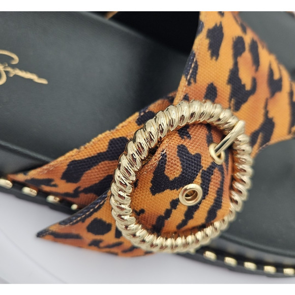 Jessica Simpson CYMMERI Slide Thong Sandal Brown Cheetah Print Gold Buckle EUC - Picture 5 of 13